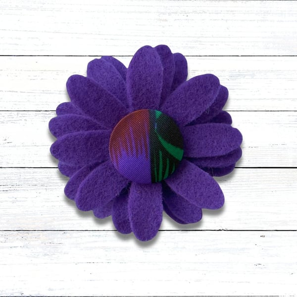 Handmade Felt Purple Flower Brooch, Eco Friendly Upcycled Fabric, Gift Boxed