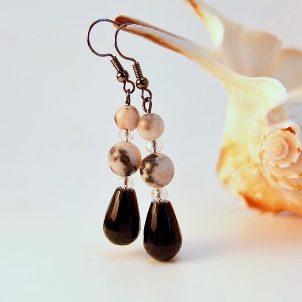 Pink Zebra Jasper And Black Onyx Drop Earrings - Handmade In Devon, Free UK P&P