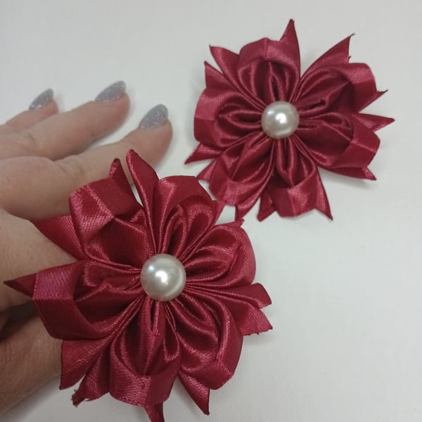 Handmade Hair Ties with Satin Flowers - a Burgundy Pair with a Bead