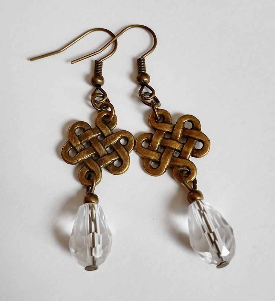 Bronze Clear Crystal Celtic Knot Dangling Drop Dangle Boho Earrings 