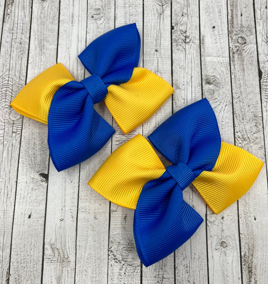 Royal Blue and Yellow Gold Square Double with Bows on Clips (pair)
