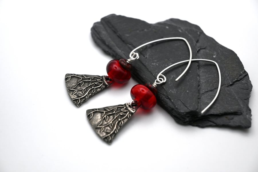red lampwork glass and pewter earrings