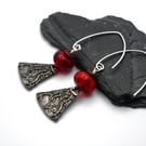 red lampwork glass and pewter earrings