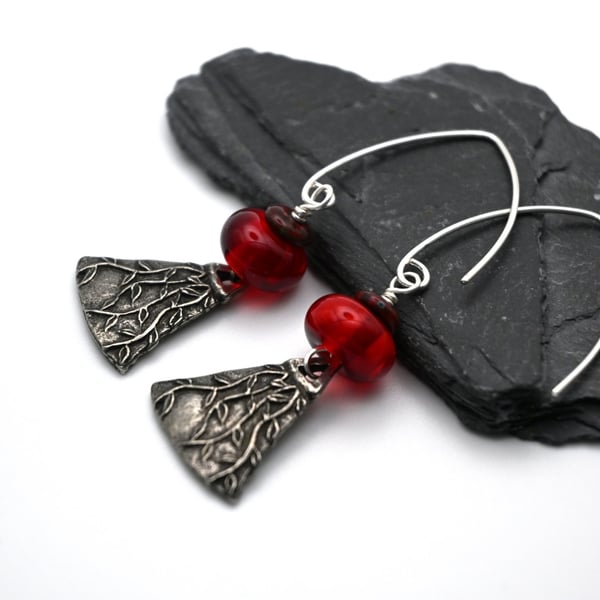 red lampwork glass and pewter earrings