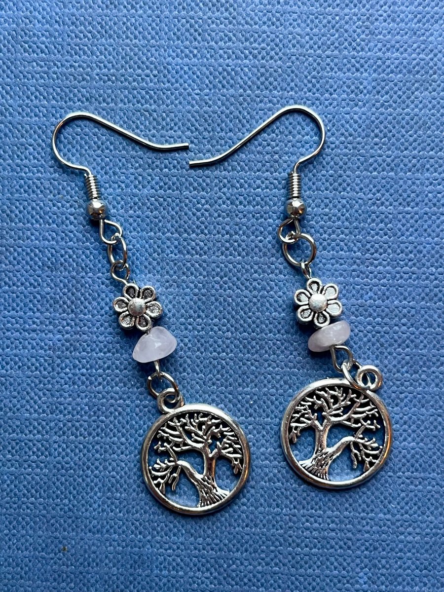 Lazy Daisy Tree of Life Dangle Earrings With Rose Quartz - Silver Colour Metal 