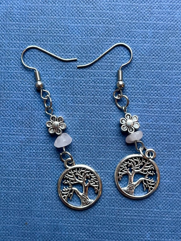 Lazy Daisy Tree of Life Dangle Earrings With Rose Quartz - Silver Colour Metal 