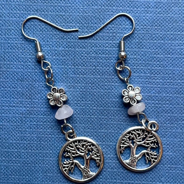 Lazy Daisy Tree of Life Dangle Earrings With Rose Quartz - Silver Colour Metal 