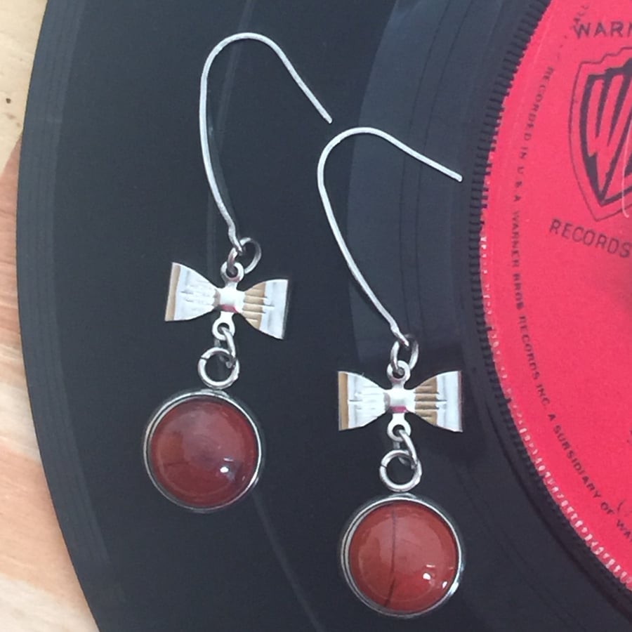 Red Tiger Eye Stainless Steel Dangle Earrings