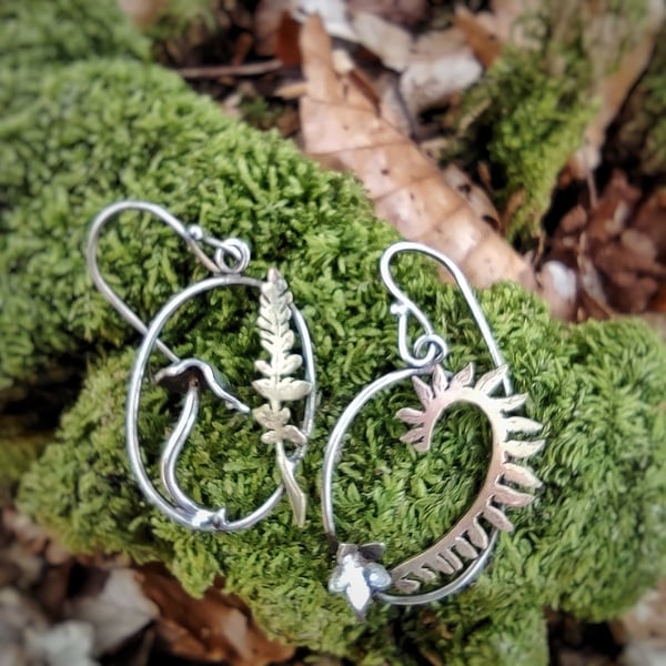 Eco Silver Asymmetric Forest Hoop Earrings - Made To Order