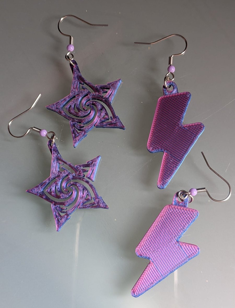 3D Printed Earrings.  Purple PLA Silk. 