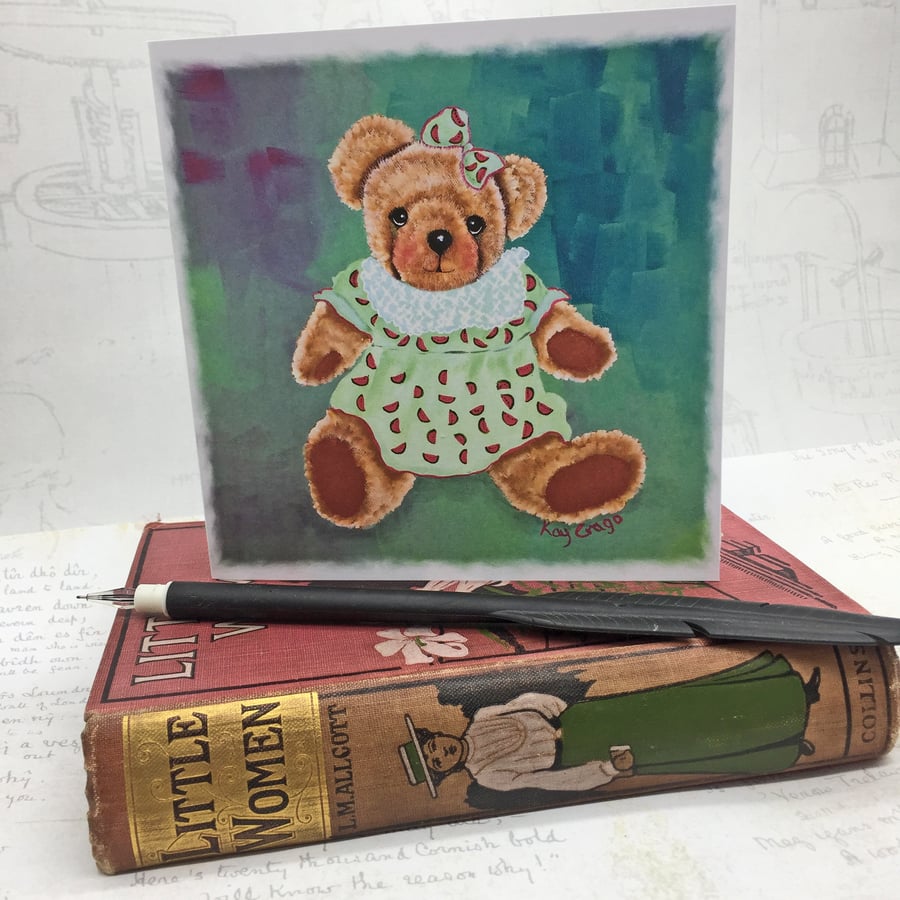 Teddy Bear in a watermelon print dress from original artwork greetings card