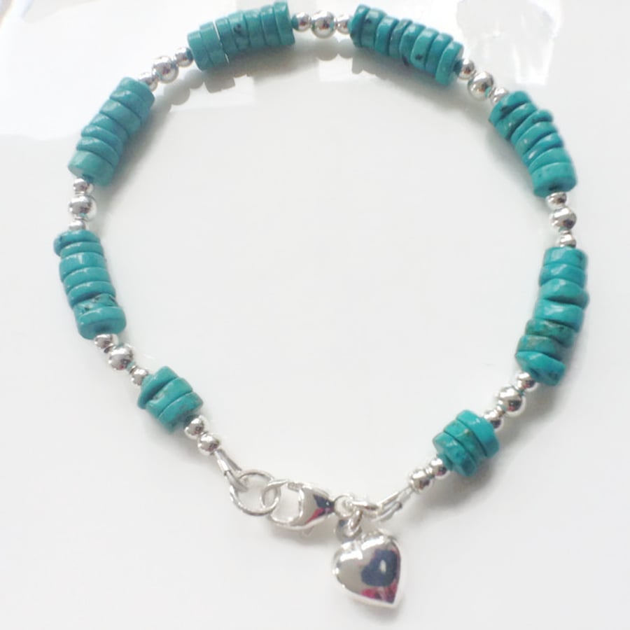 Turquoise Heart Charm Bracelet, Sterling Silver Bracelet