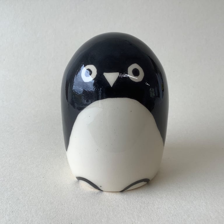Large Wheel Thrown and Hand-Painted Ceramic Penguin (9cm x 6.5cm)
