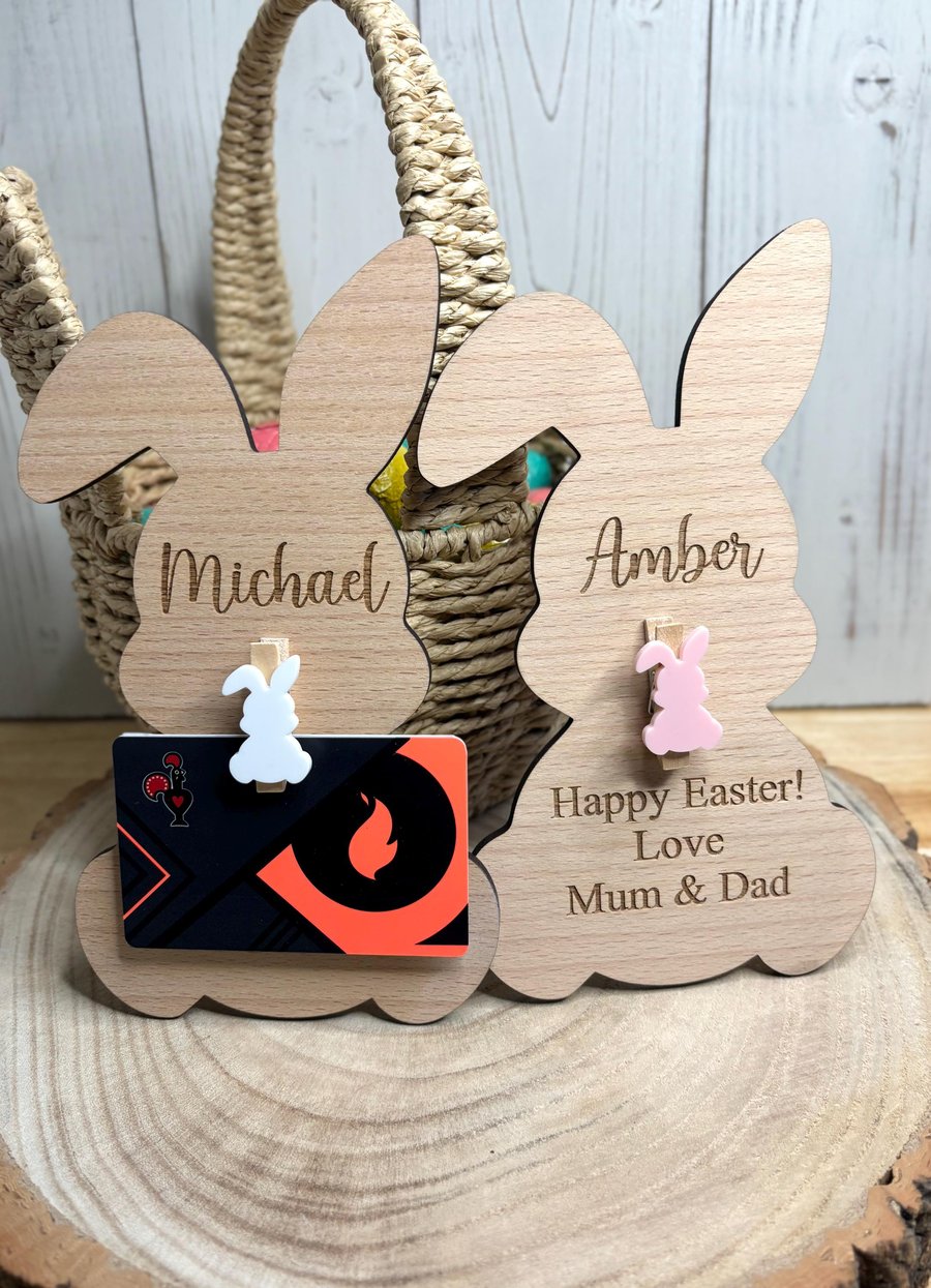 Personalised Engraved Wooden Easter Bunny Gift Card Or Money Holder...