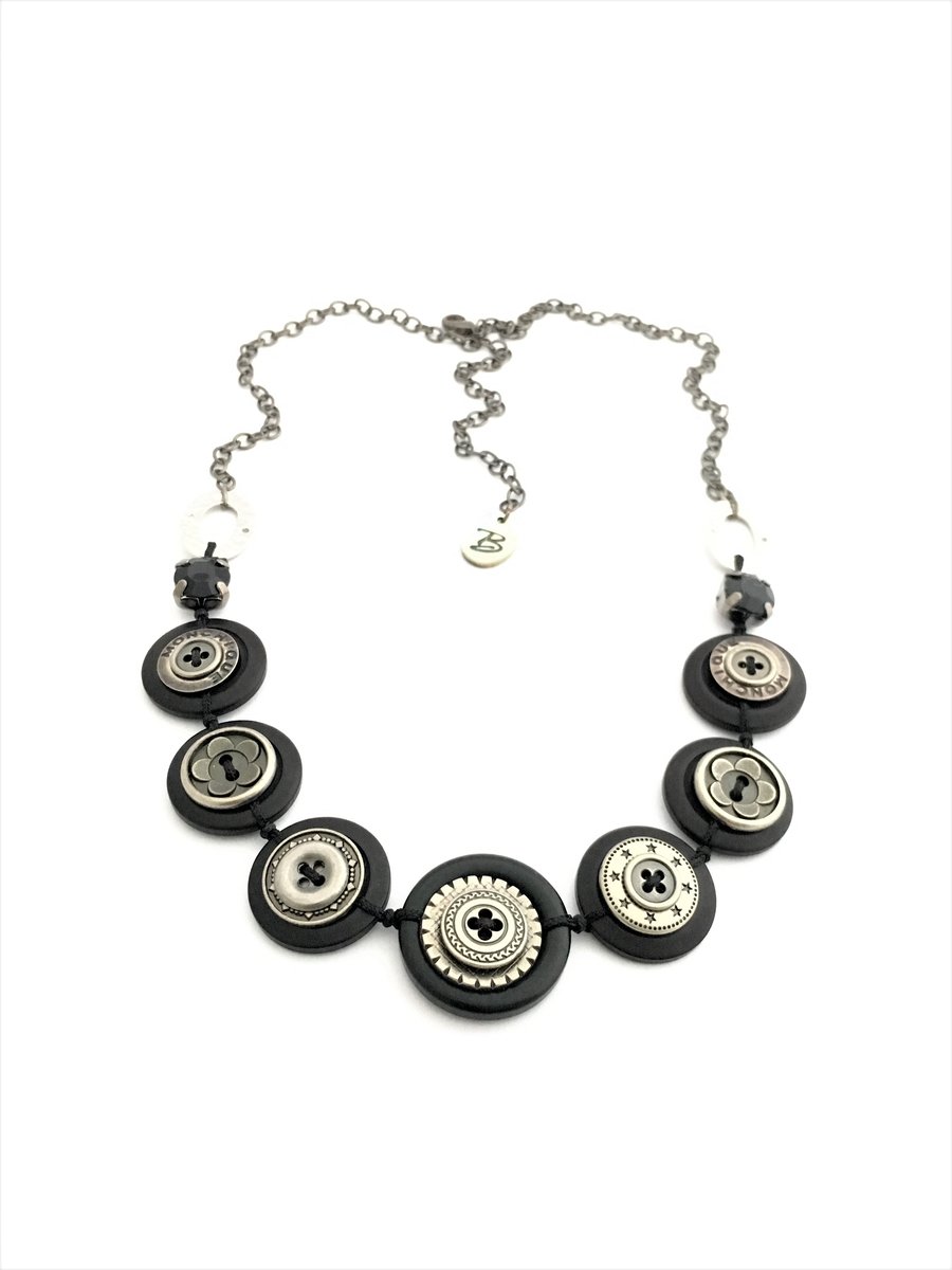 SALE - Black and Antique Silver - Steampunk Inspired vintage button necklace 