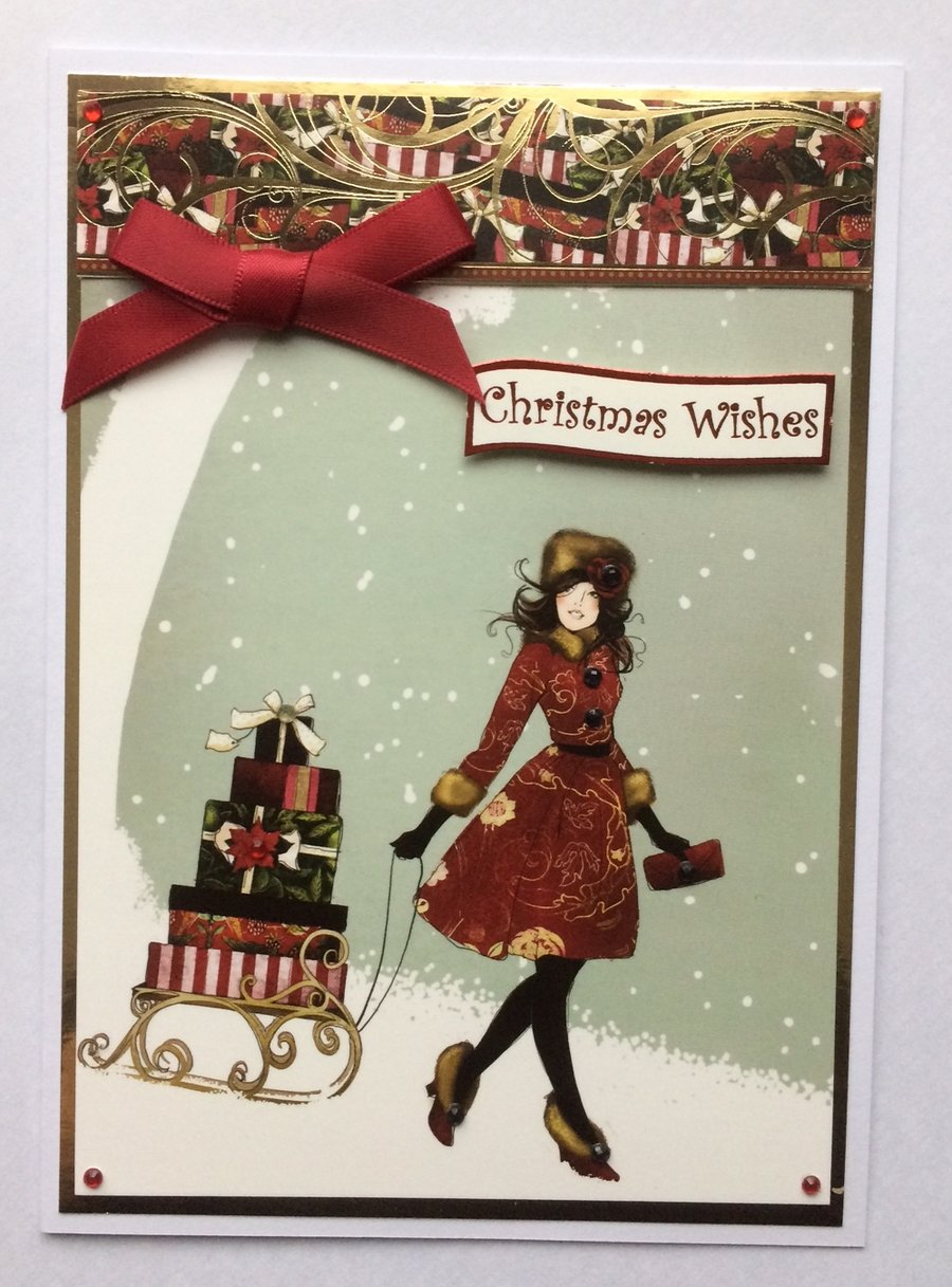 Christmas Card Christmas Wishes Elegant Girl Sleigh Gifts 3D Luxury Handmade
