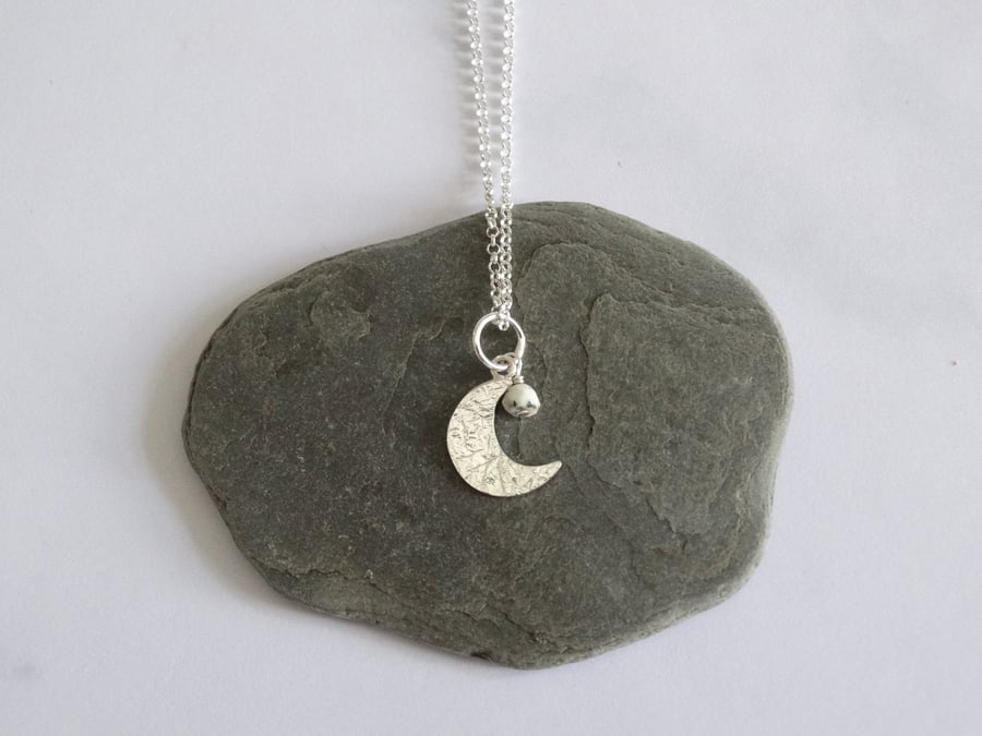 Crescent moon pendant - recycled sterling silver dendritic opal
