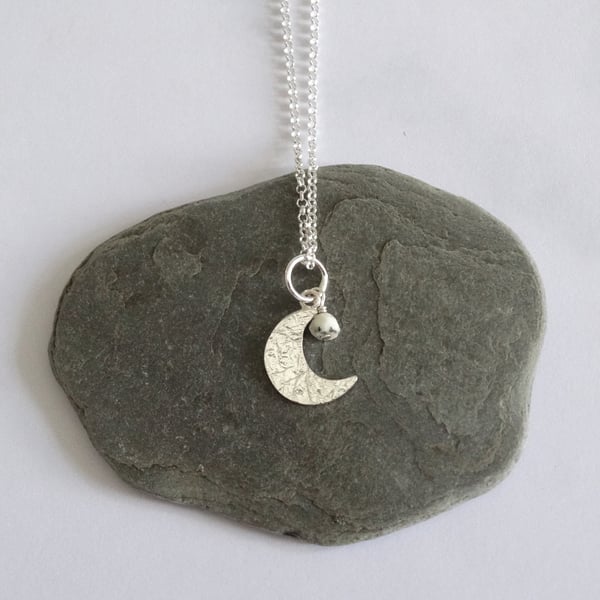 Crescent moon pendant - recycled sterling silver dendritic opal