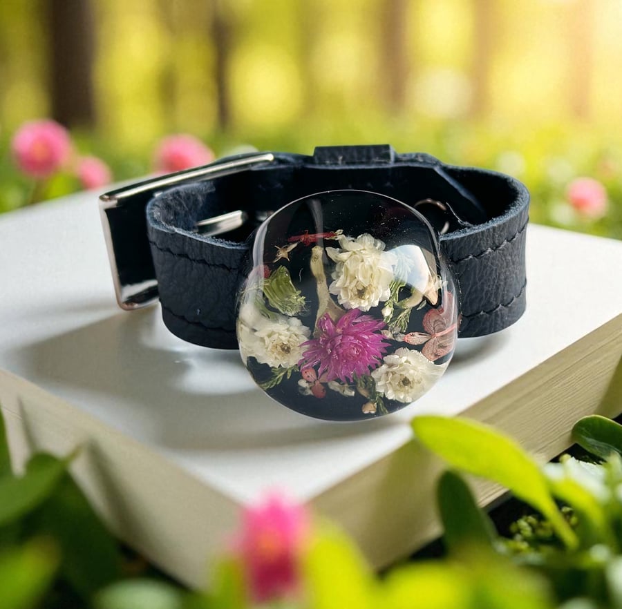 Pressed flower art bracelet Black leather wide bracelet for women Floral gift