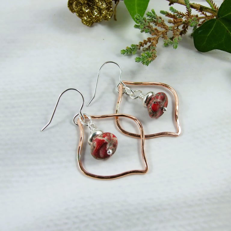 Earrings, Christmas Bauble Copper and Sterling Silver with Red Jasper