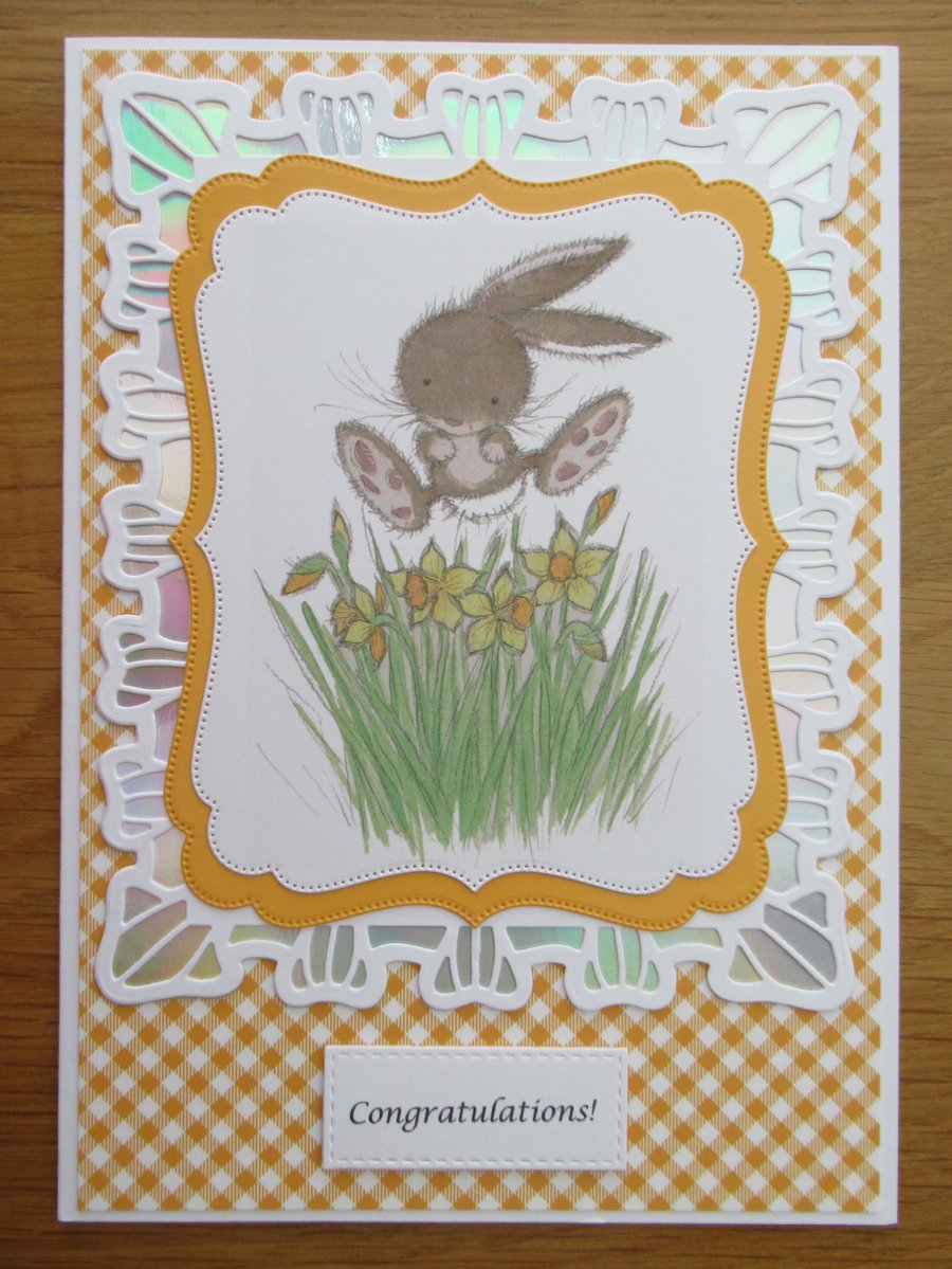 Bunny Jumping Above The Daffodils - A5 Congratulations Card