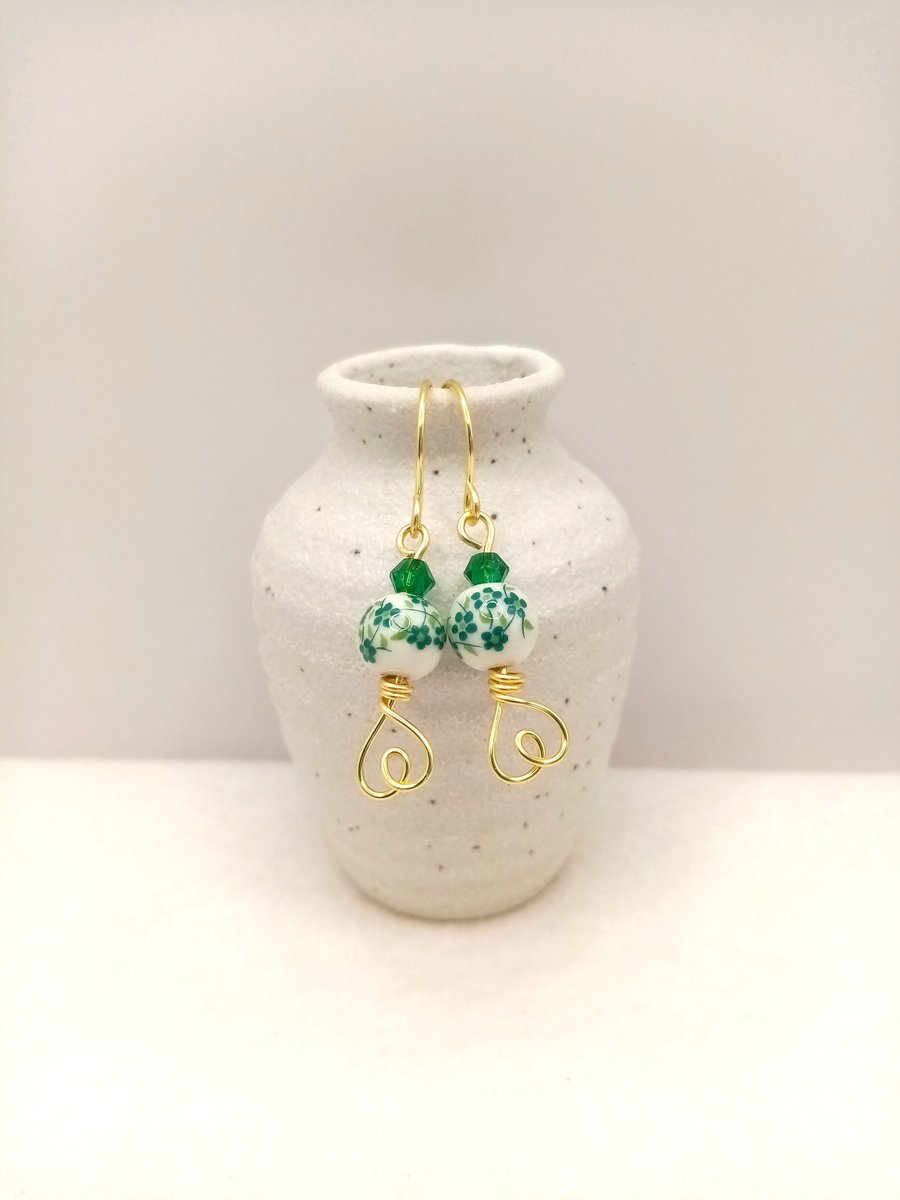Flower Pattern Ceramic Porcelain Drop Earrings - Flower Dangle Earrings