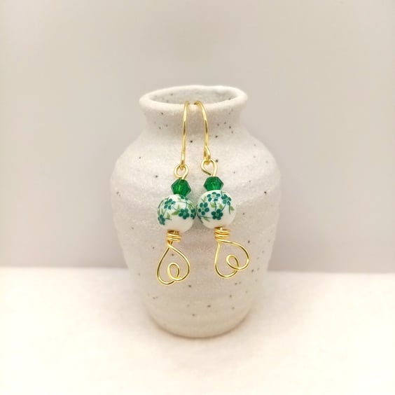 Flower Pattern Ceramic Porcelain Drop Earrings - Flower Dangle Earrings