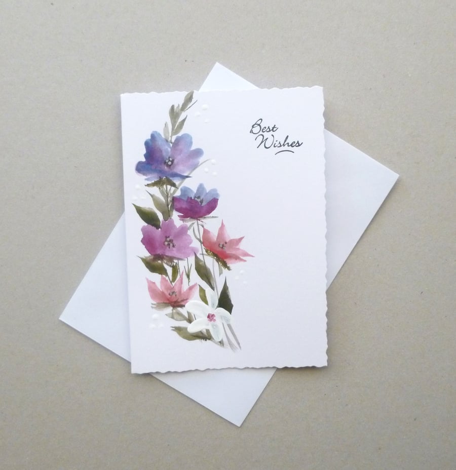 hand painted original art floral Best WIshes blank card ( ref F 762 A1 )