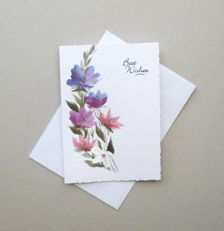 hand painted original art floral Best WIshes blank card ( ref F 762 A1 )