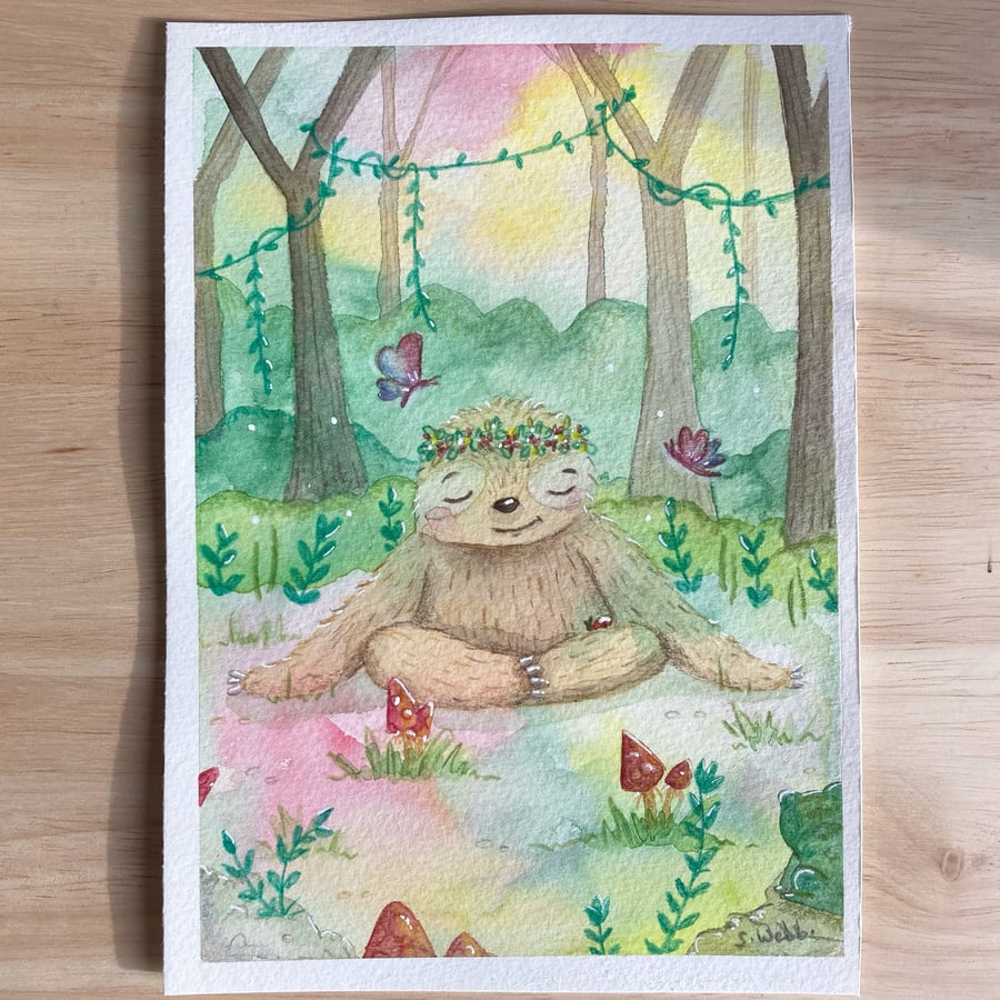 Sloth meditating, watercolour painting, watercolour paper, A5 original art.