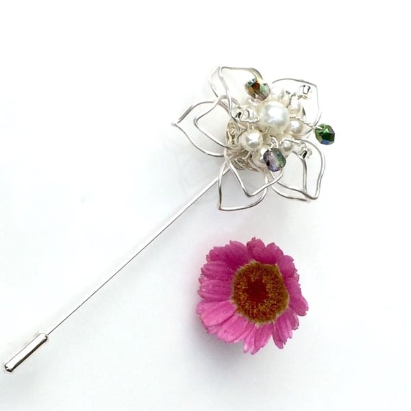 Silver Plated Flower Pin with Glass Pearls and Czech Crystal Beads