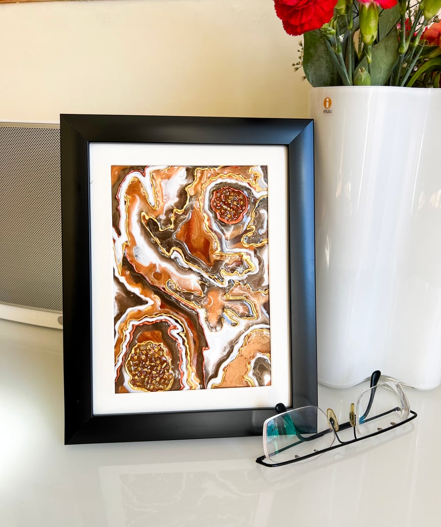 Geode resin abstract artwork in gold and chocolate colours - Framed