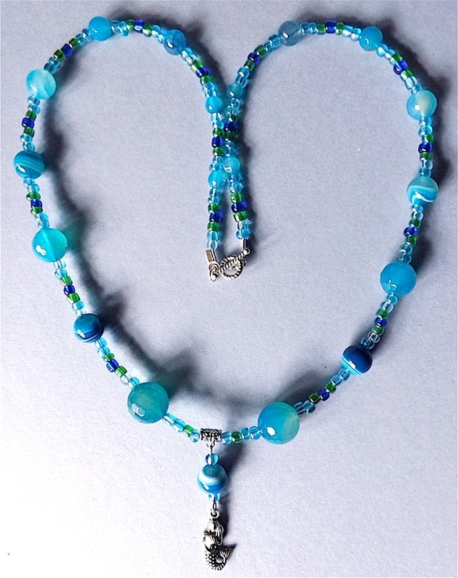 Mermaid necklace, aqua and blue banded agate gem stones  and rainbow glass.