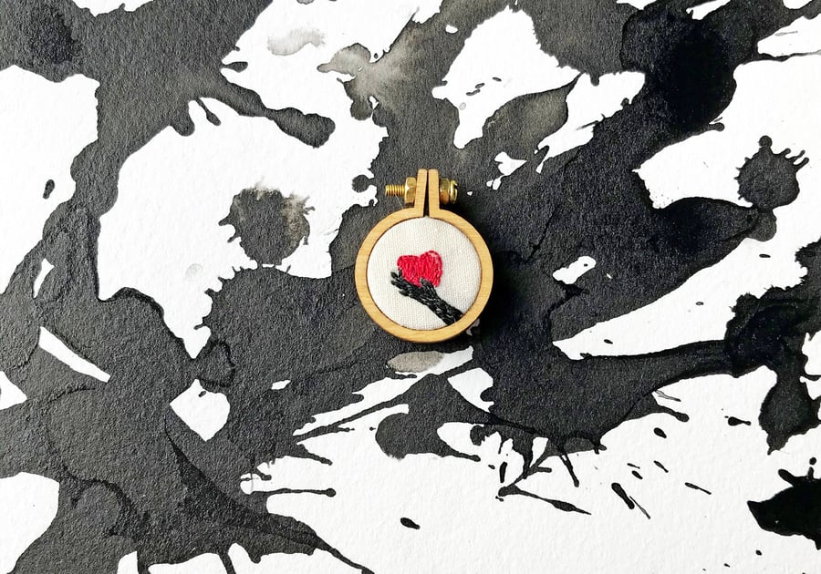 Heart in hand mini hoop brooch with hand embroidered illustration Seconds Sunday