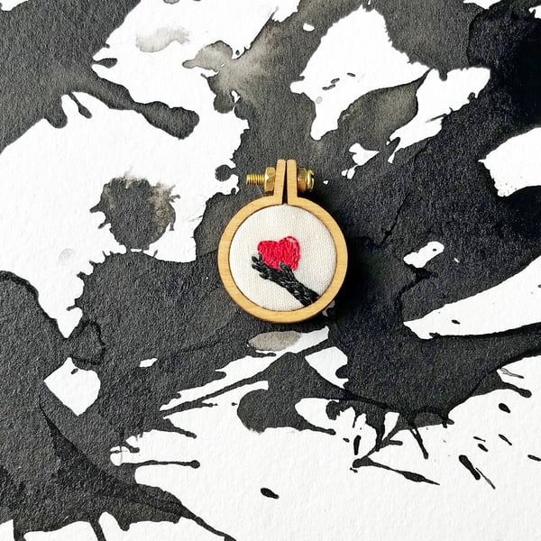 Heart in hand mini hoop brooch with hand embroidered illustration Seconds Sunday