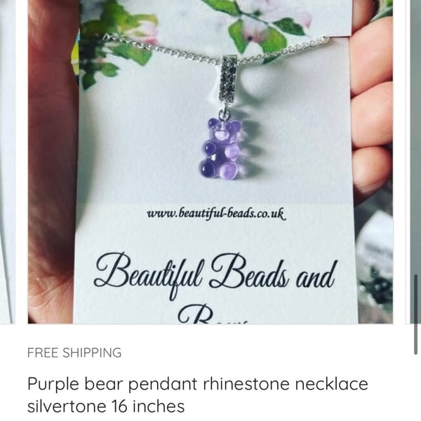 Purple bear rhinestone pendant necklace silvertone curb chain ladies gift