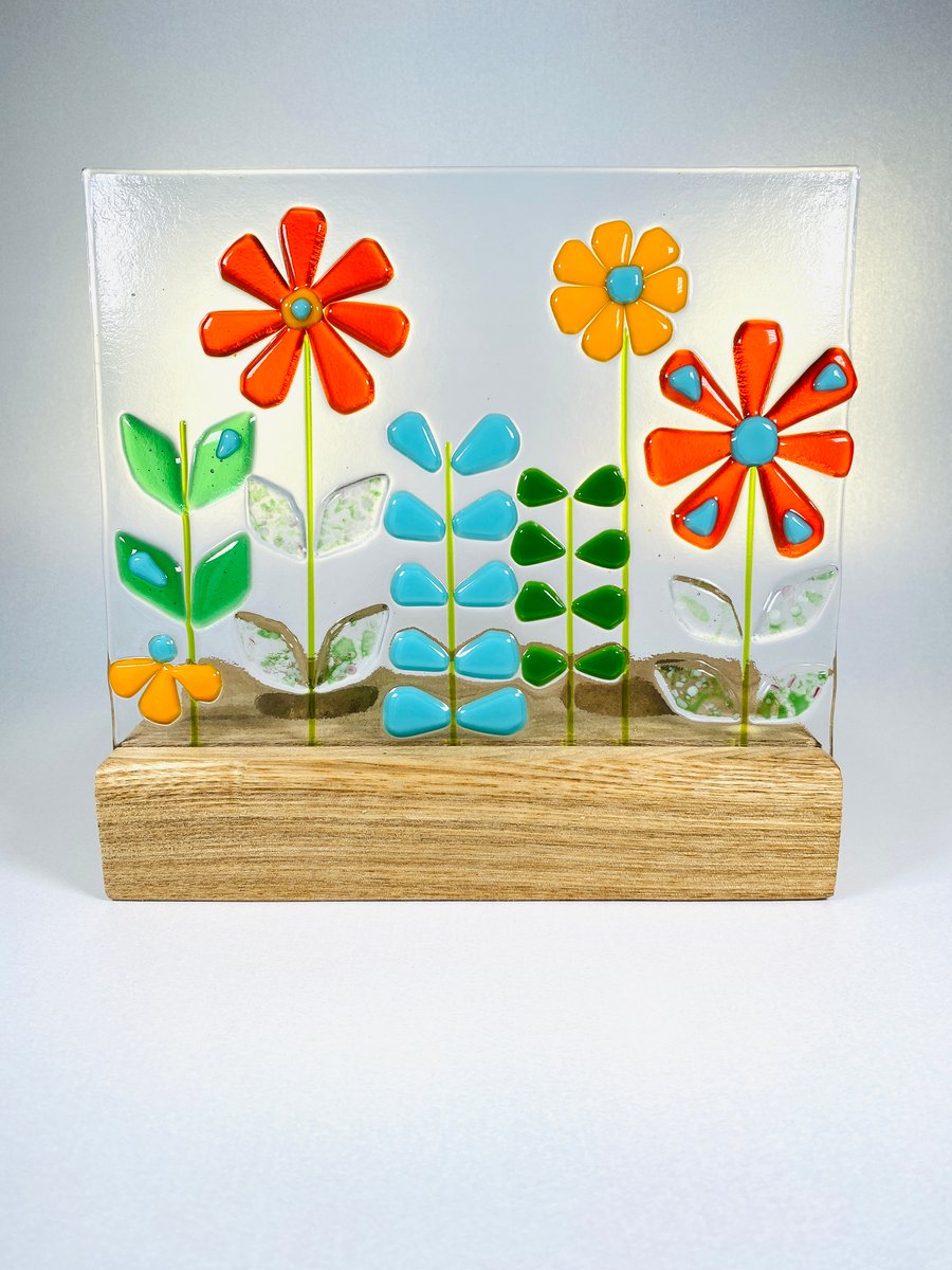 Fused glass flowers art in oak - retro inspired