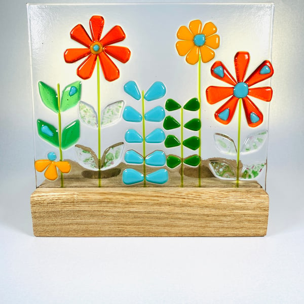 Fused glass flowers art in oak - retro inspired
