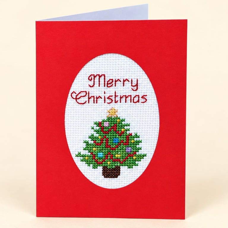 Handmade Cross Stitch Christmas Card – Decorated Christmas Tree – 6 x 4 Inch