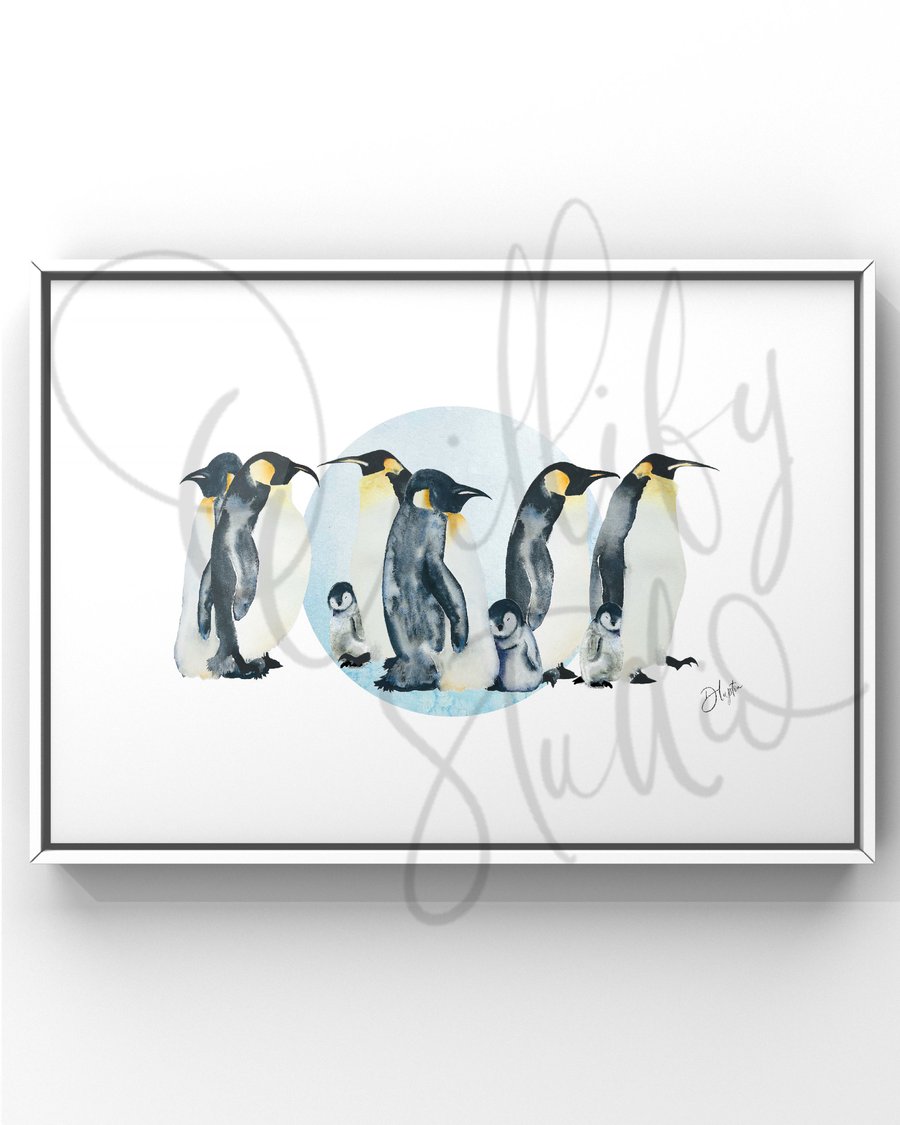 Watercolour Print Penguins Waddle Waddle