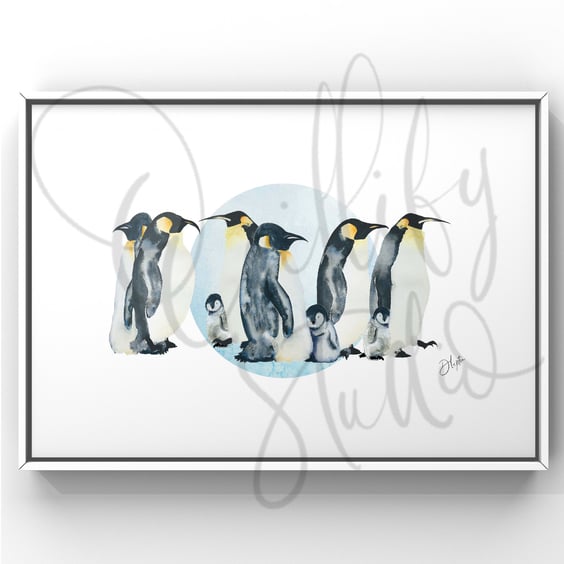 Watercolour Print Penguins Waddle Waddle