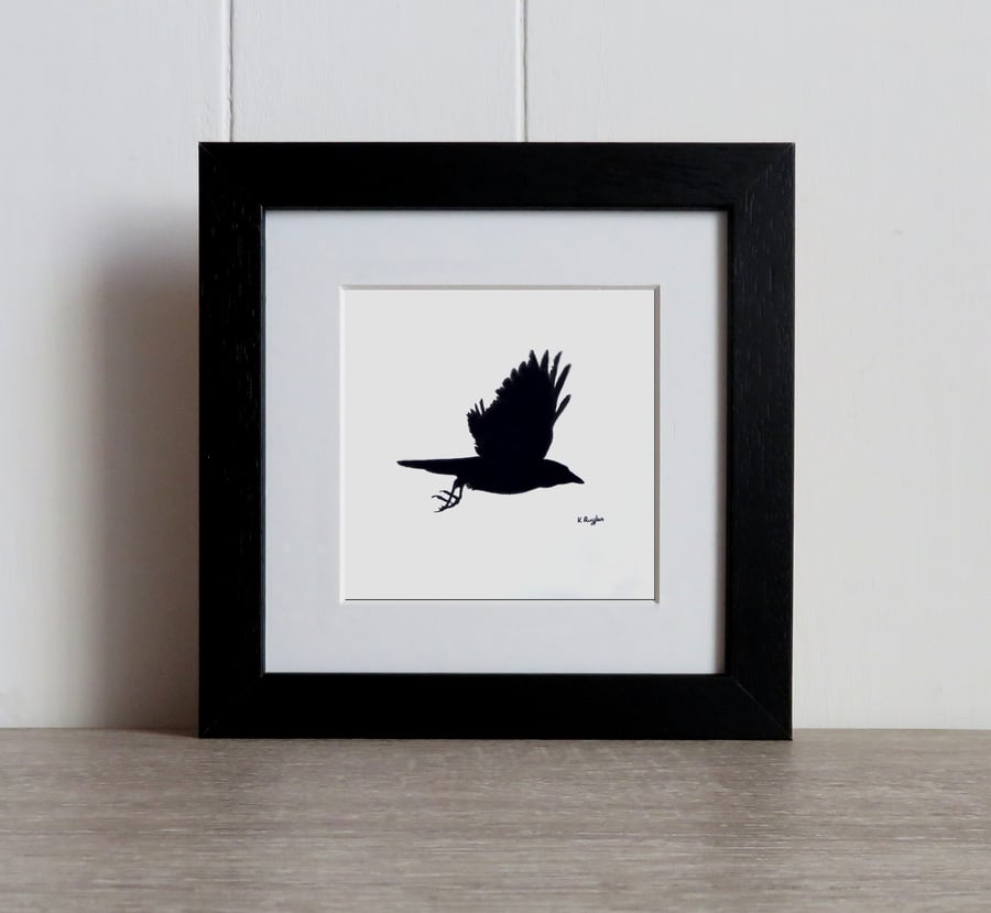 Flying crow original charcoal drawing, bird lover gift
