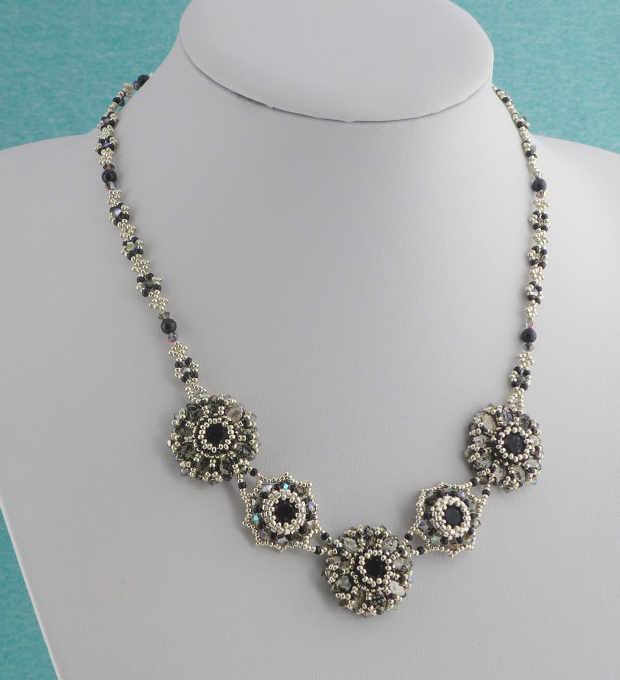 Silver and Black Beaded One of a Kind Statement Necklace
