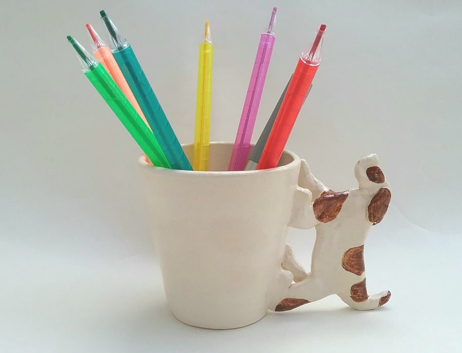 Handthrown ceramic dog pen pot or handmade cup for craft storage