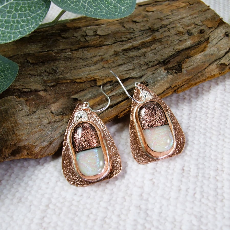Earrings, Sparkly Dichroic Glass Droppers. Copper and Sterling Silver Setting