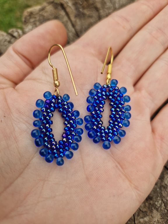 Royal blue beaded oval seed bead and glass bead earrings