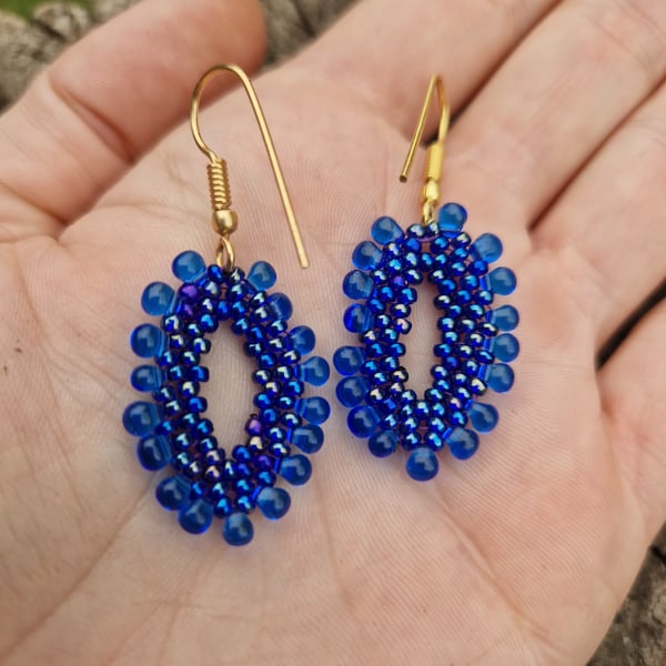 Royal blue beaded oval seed bead and glass bead earrings