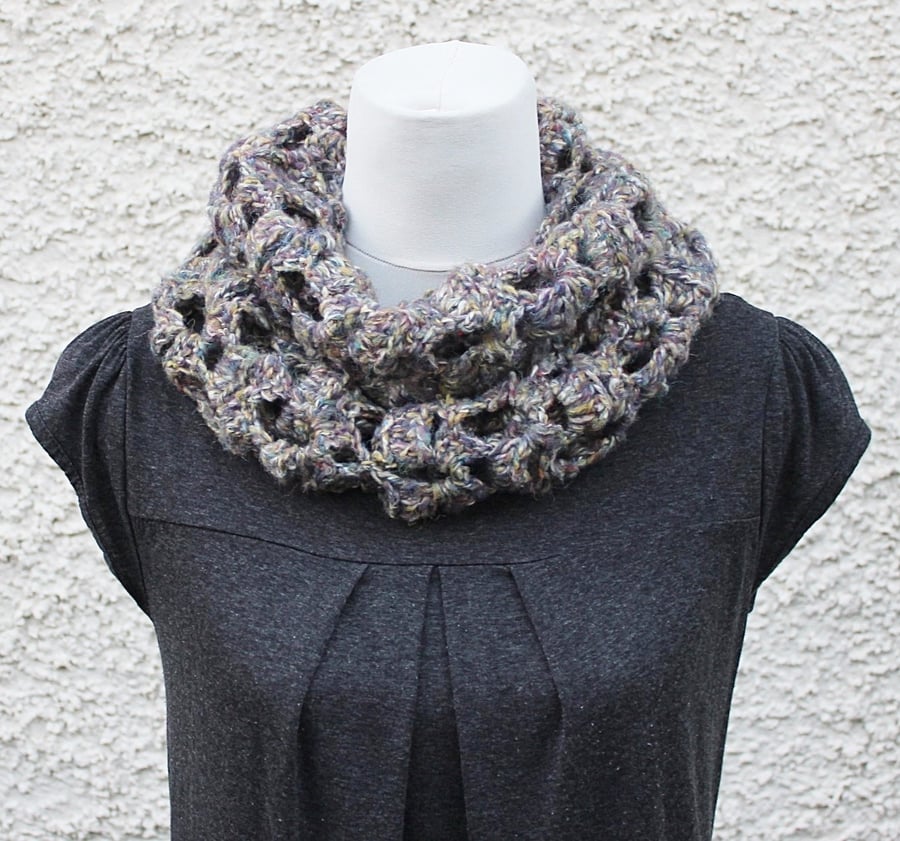 Womens lace circle scarf snood, neckwear, gift guide, knitwear UK, vegan 