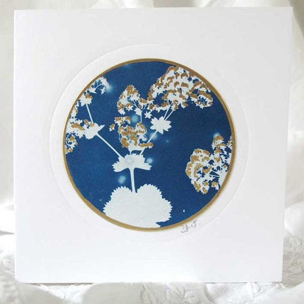 BOTANICAL CYANOTYPE PRINT CARD WITH GOLD LEAFING