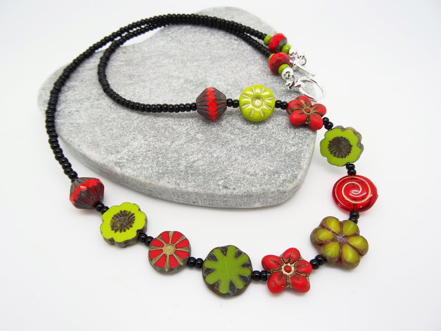 Czech Glass Necklace, Red Necklace, Lime Green Necklace, Flower Necklace. 